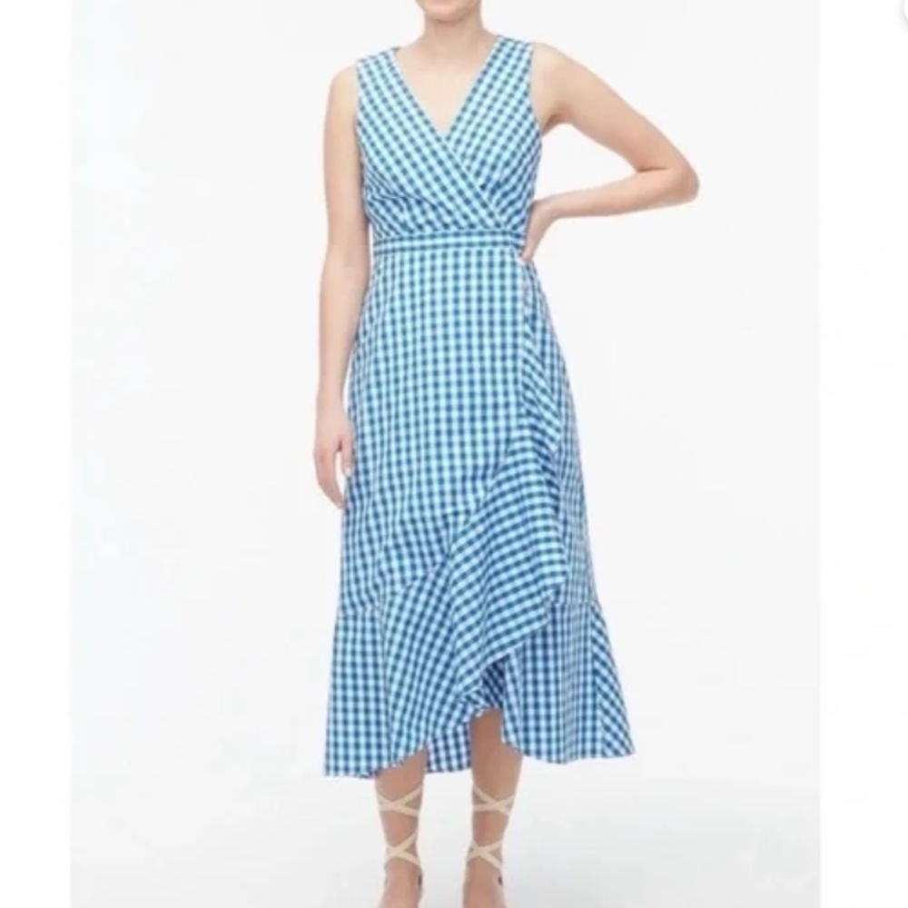 NWT J Crew Ruffle Vneck Sleeveless Maxi Midi Dress 18 Cotton Gingham Blue White